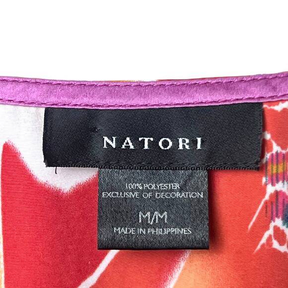Natori Satin V-Neck Caftan Long Gown Loungewear Pink Orange Abstract Sz Medium - Picture 4 of 8